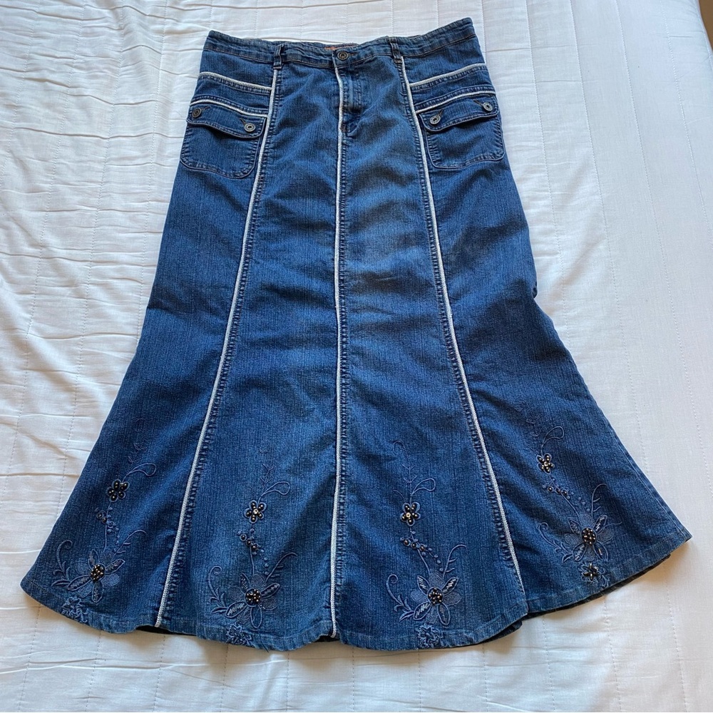 Embroidered Dark Blue Denim Maxi Skirt
